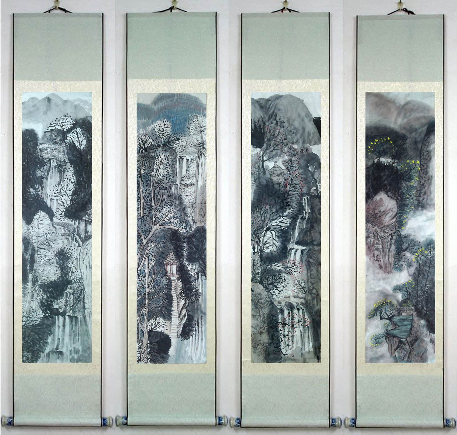 山水四条屏   国画颜料，墨，半生熟宣纸，33x131 李淑仪.jpg